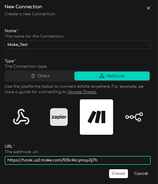 Creating a webhook Connection in Advite.