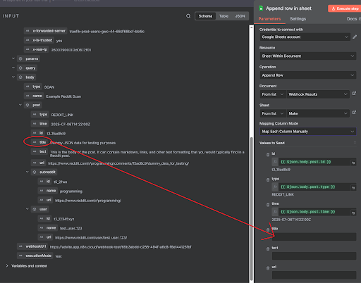 Mapping n8n properties to Google Sheets headers.