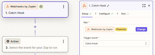 Creating a webhook in Zapier.