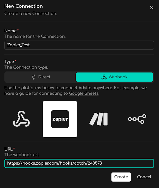Creating a new Zapier Connection in Advite.