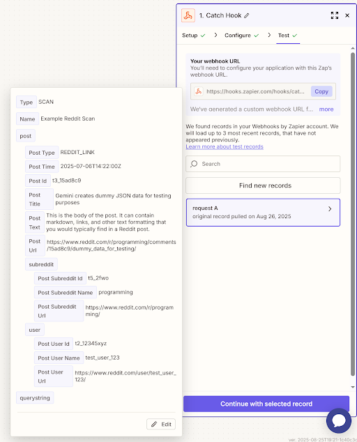Viewing the test webhook result in Zapier.