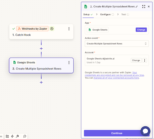 Creating a Google Sheets step in Zapier.