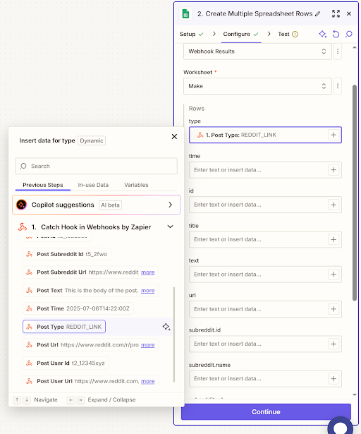 Configuring the Google Sheets step in Zapier.